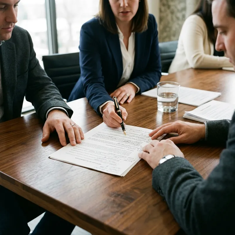 Two owners and a lawyer reviewing formation papers at a walnut boardroom table