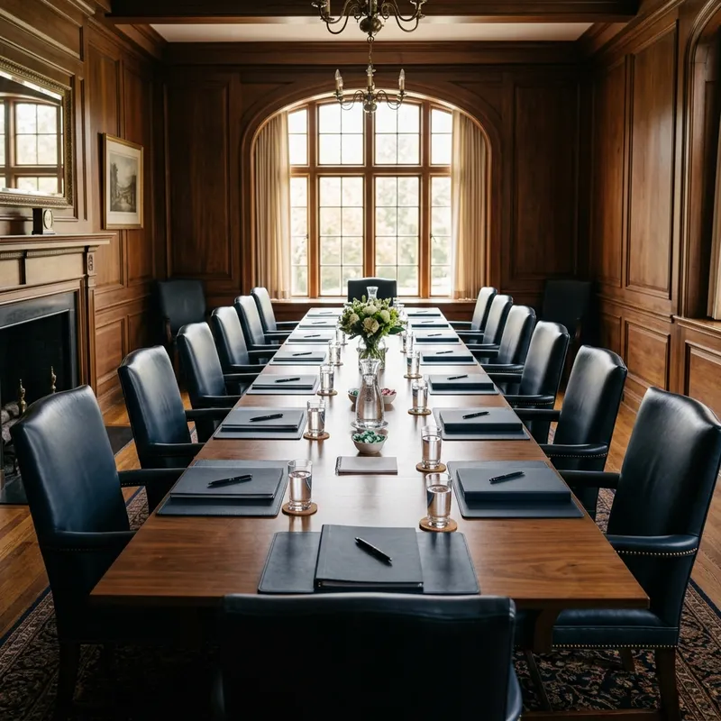 A formal mediation room with a long wooden table and leather chairs