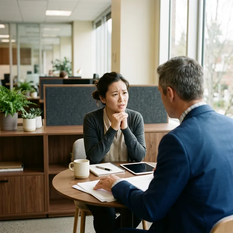 A lawyer in a navy suit listening to a client across a meeting table