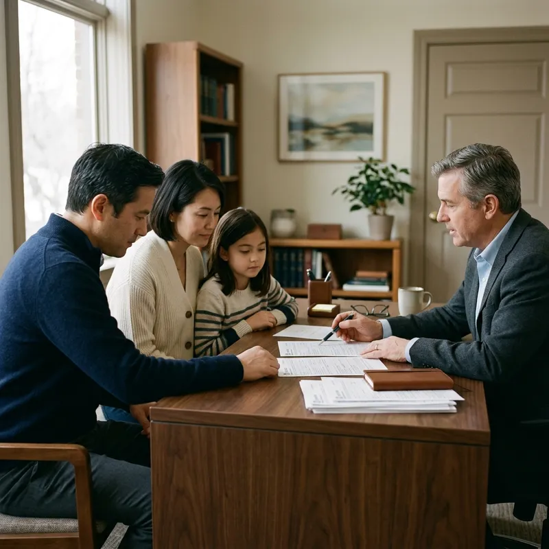 A family seated in a bright office waiting area holding folders