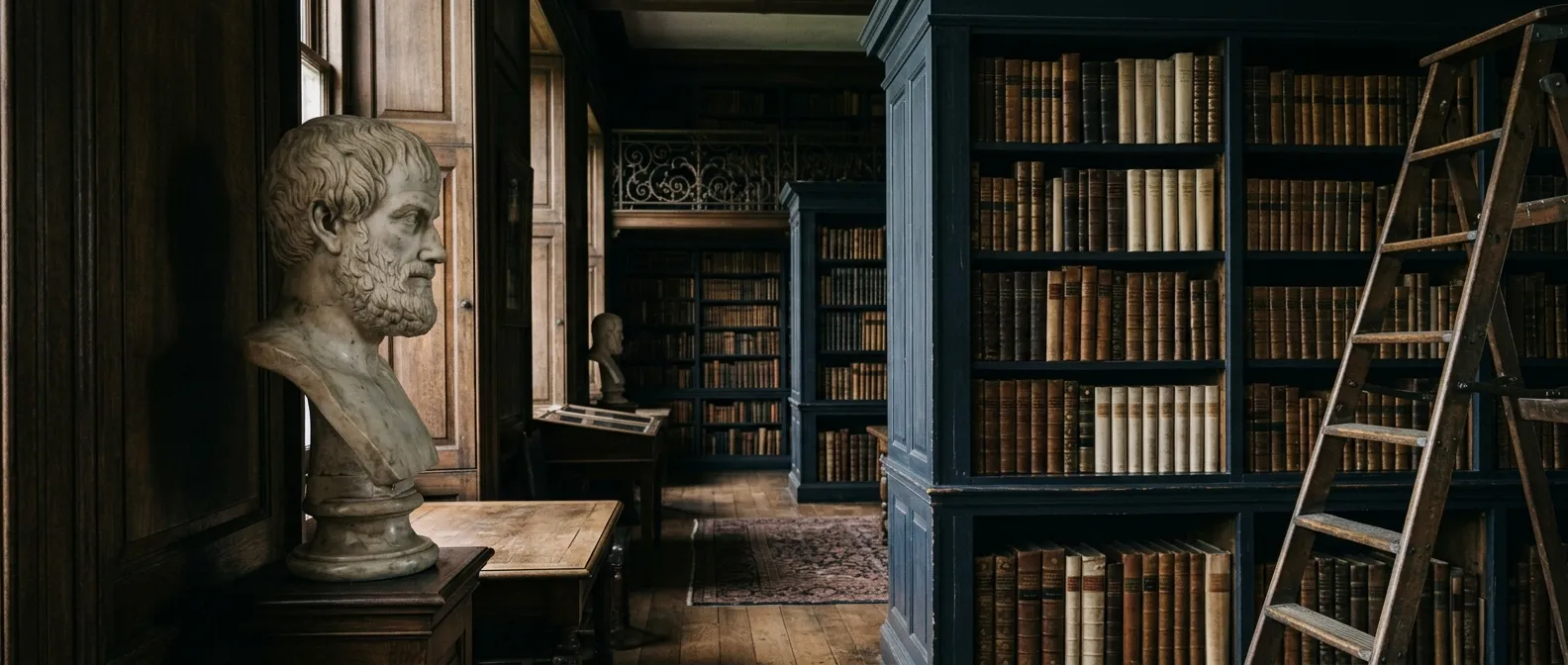 A marble bust beside tall bookcases in a dark library