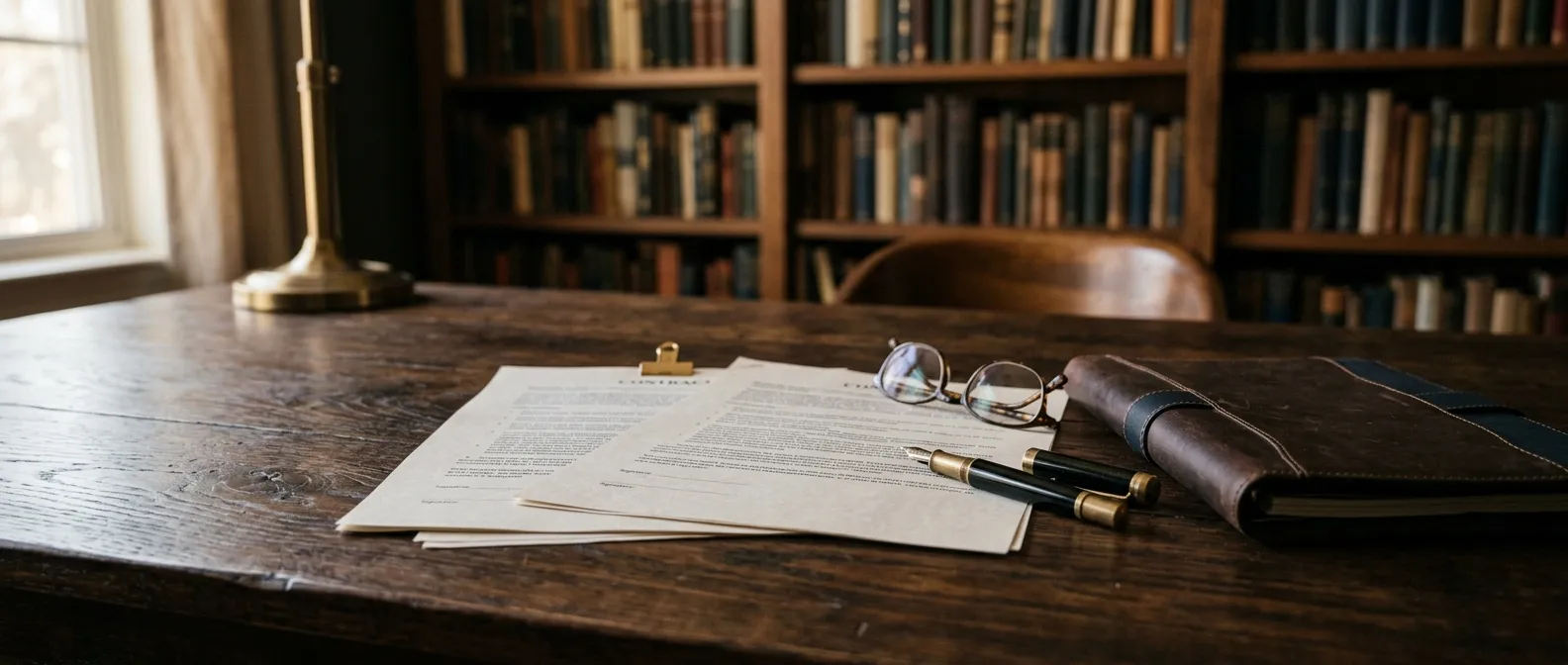 Printed agreements, a fountain pen and a leather folio on a dark wooden desk