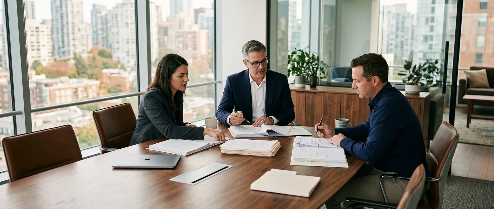 Two owners and a lawyer reviewing formation papers at a walnut boardroom table