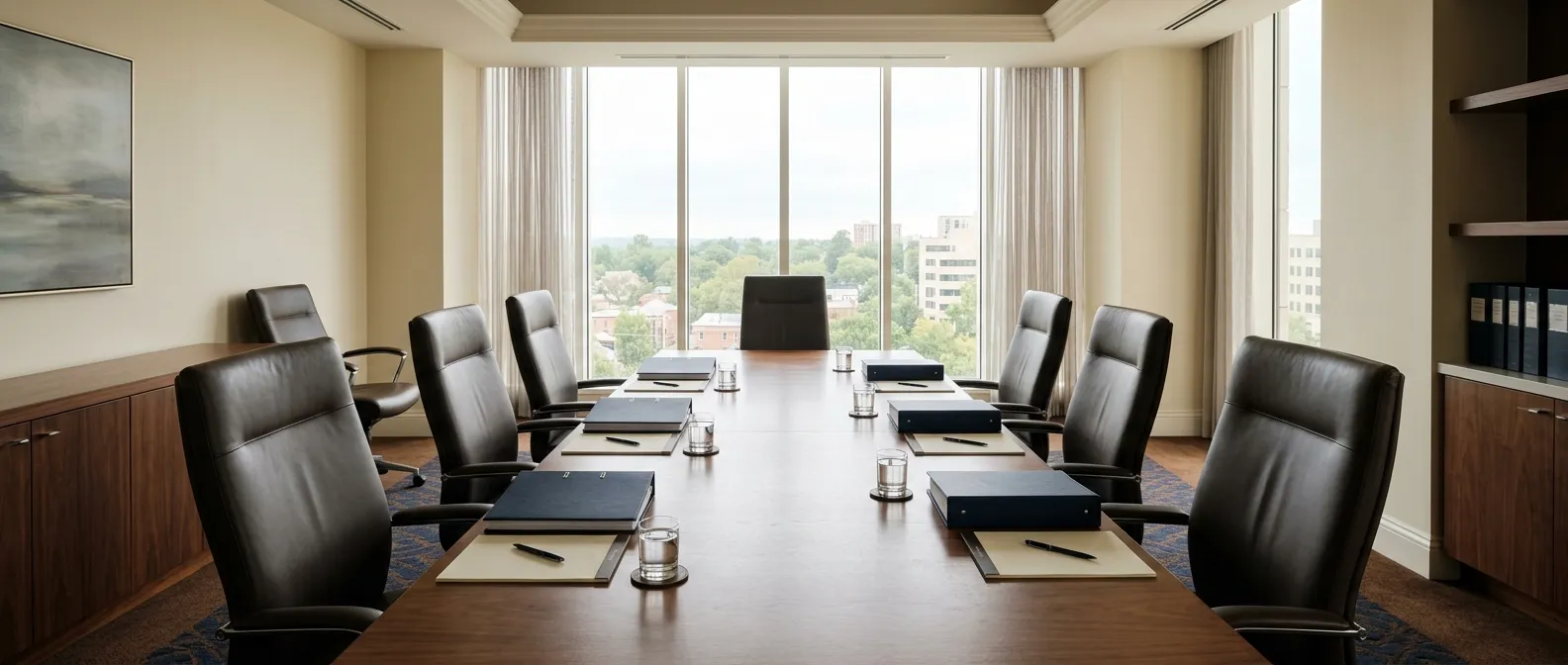 A formal mediation room with a long wooden table and leather chairs