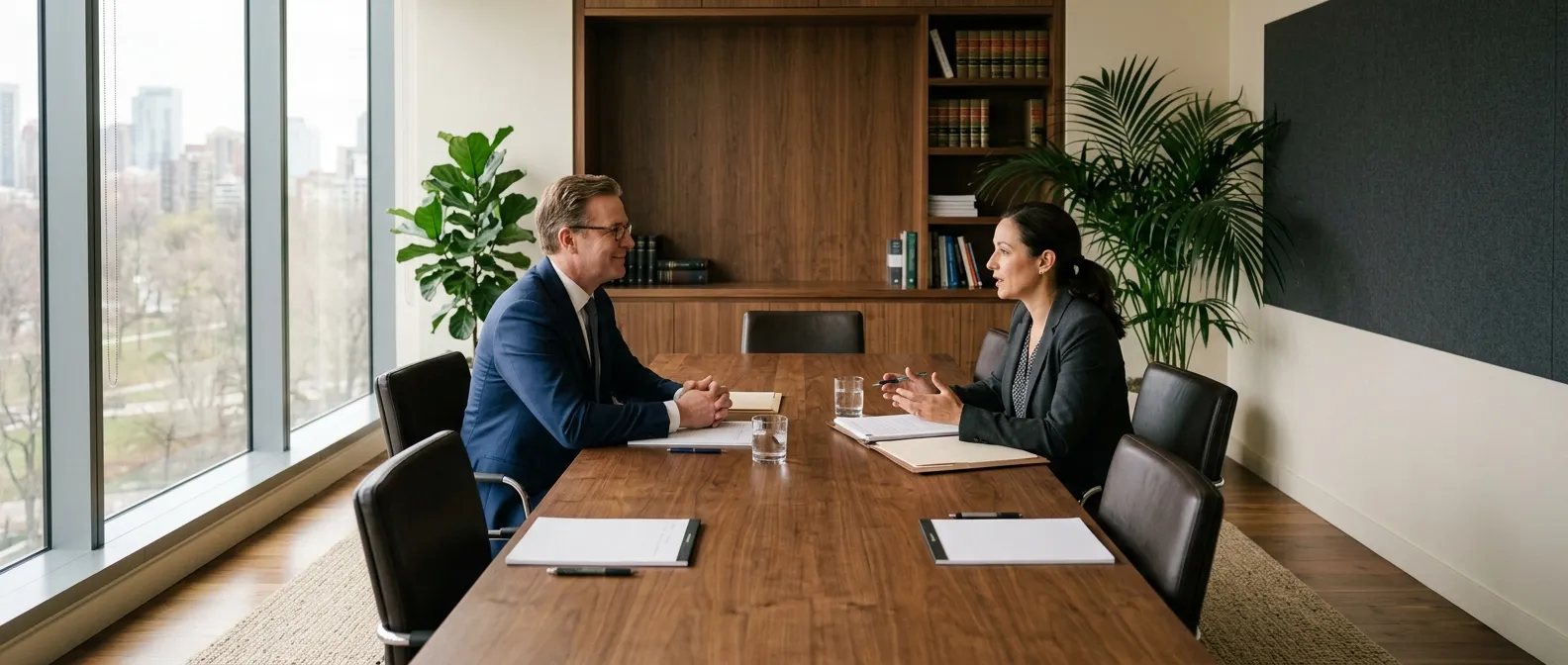 A lawyer in a navy suit listening to a client across a meeting table