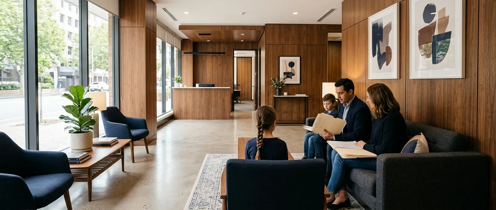 A family seated in a bright office waiting area holding folders