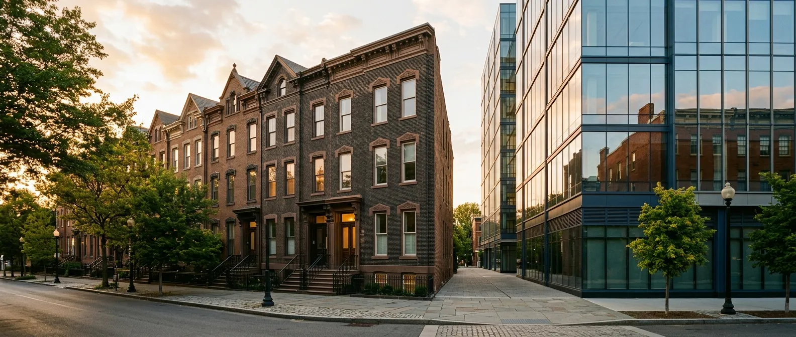 Brick townhouses beside a glass office building on a city street at golden hour