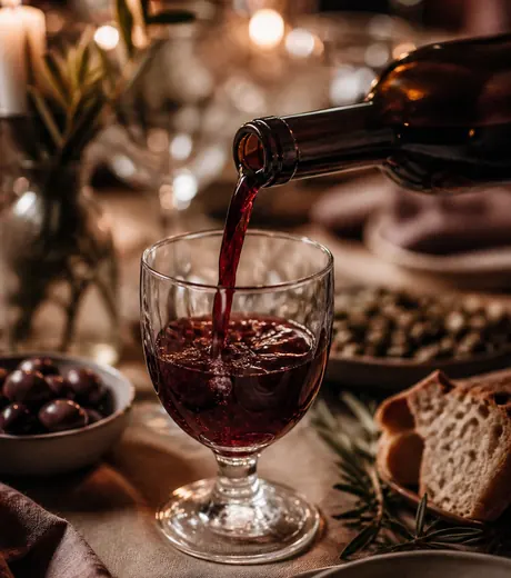 Wine poured at a table set with bread and small dishes