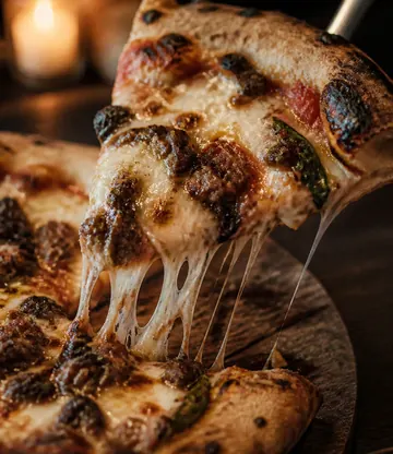 A blistered flatbread lifted from a wooden board