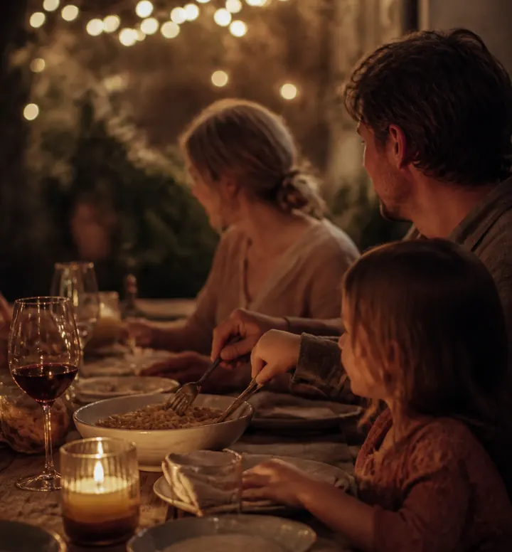 A bowl passed across a table lit by candles and string lights