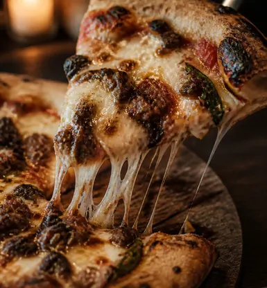 A blistered flatbread lifted from a wooden board