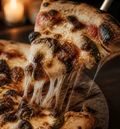 A blistered flatbread lifted from a wooden board
