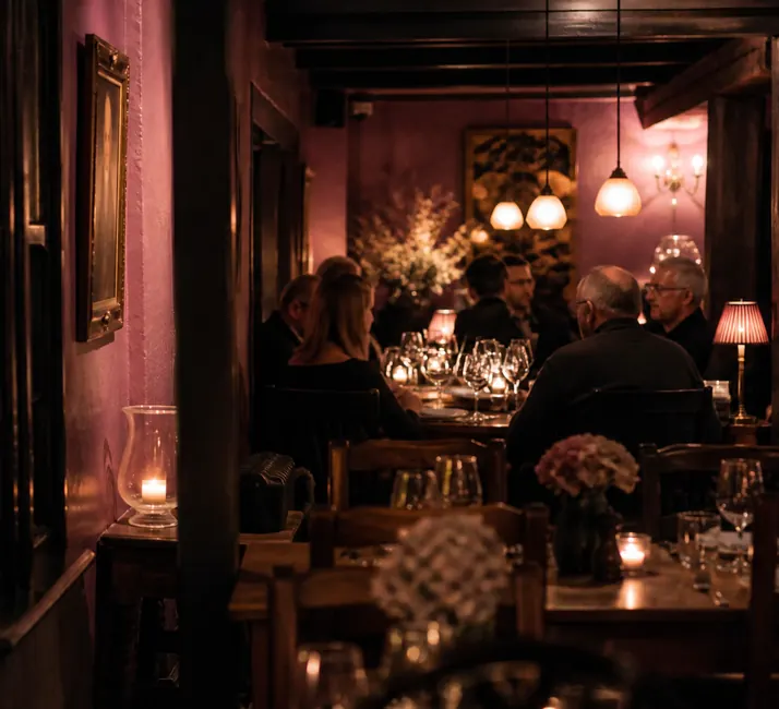 The dining room seen from the door on a full evening