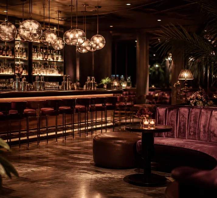The long bar with globe lights and a row of stools