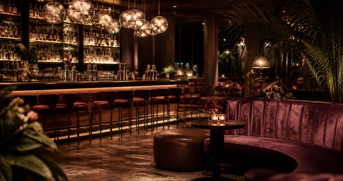The lounge bar at night with globe lights above the counter