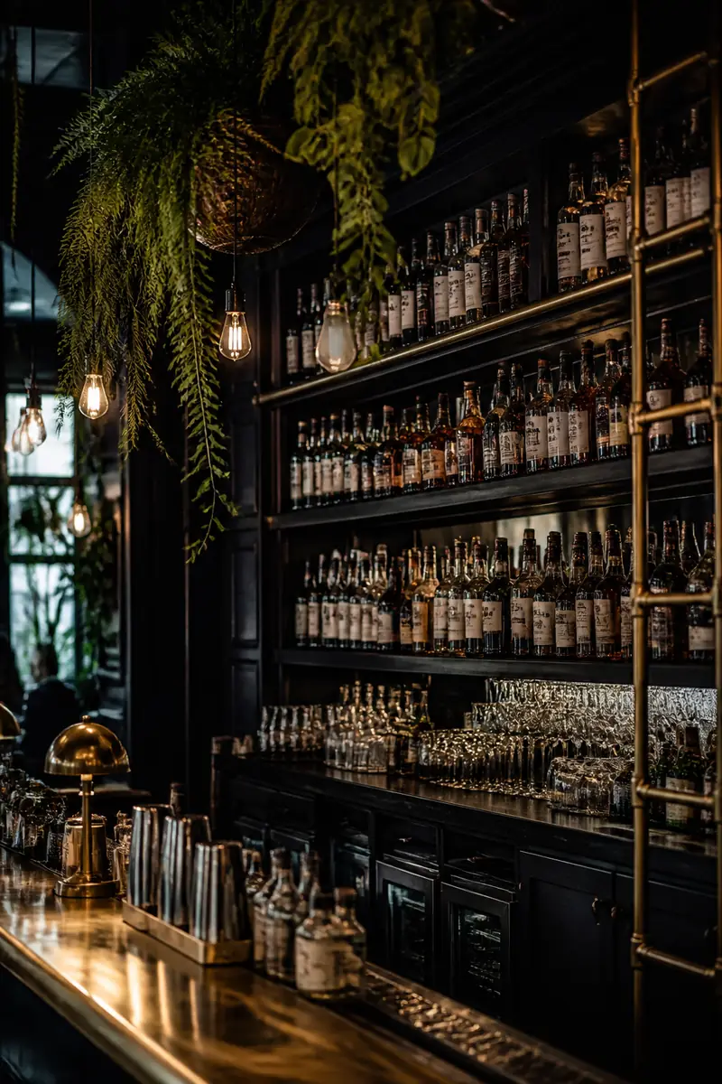 Back bar stacked with bottles under hanging greenery and small filament lamps