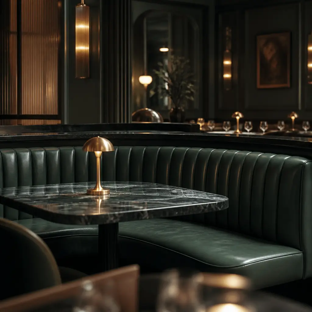 Green banquette booth with a marble table and a small table lamp