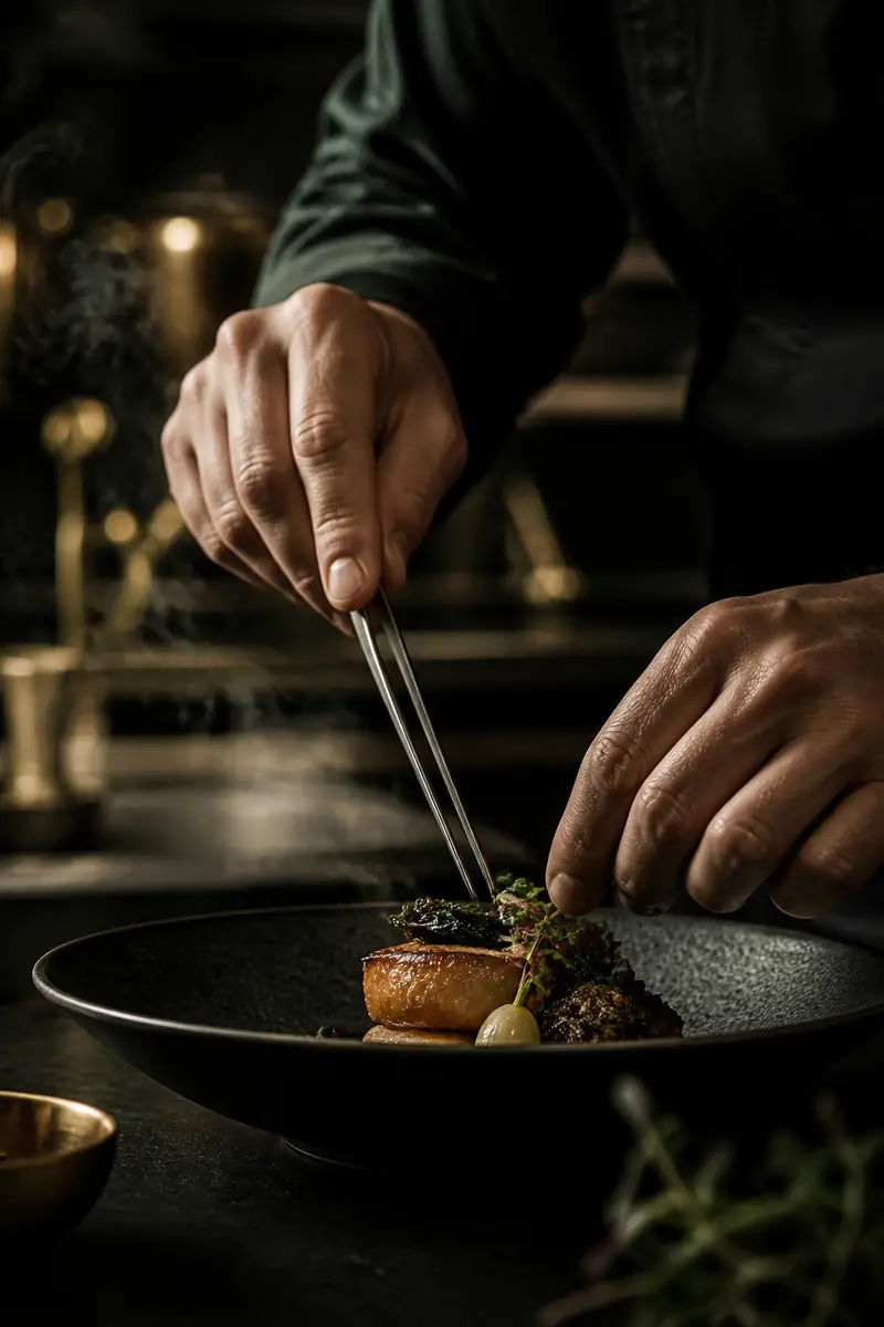 Cook finishing a dish with tweezers in a dark kitchen