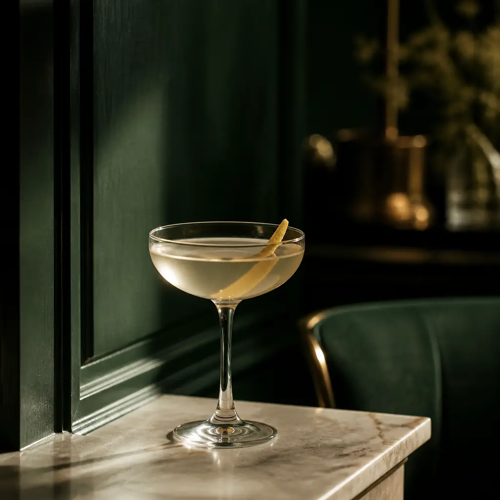 Coupe cocktail on a marble ledge with light raking across the glass