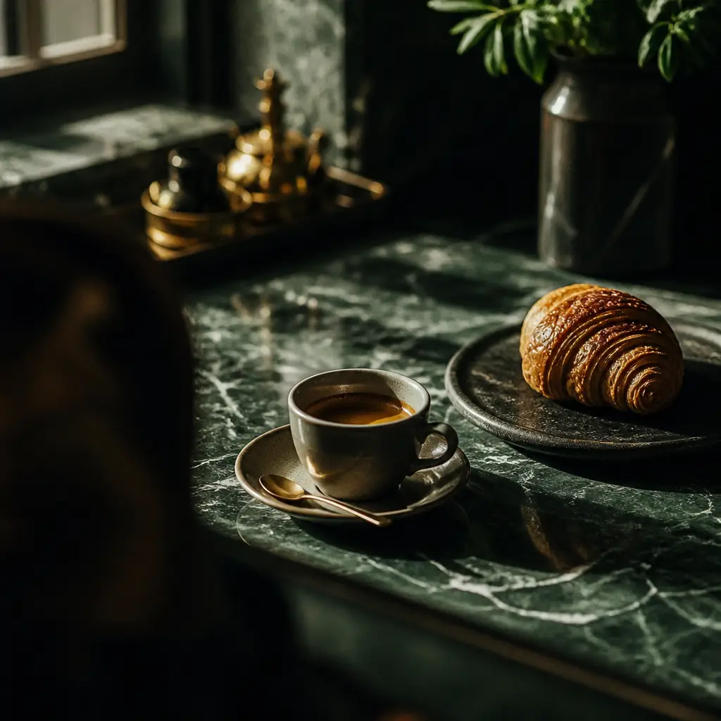 Espresso cup and a pastry on a marble counter in morning light