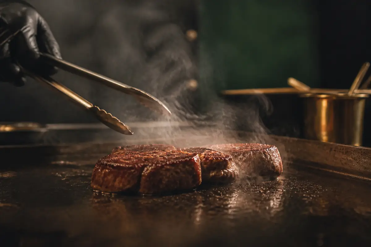 Steak searing on a flat top grill with steam rising past a gloved hand