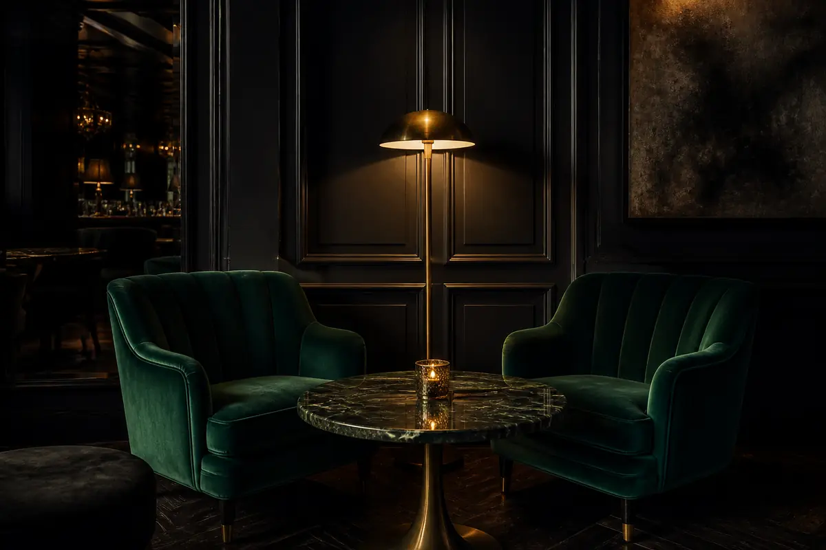 Low lit lounge with a brass floor lamp between two deep green velvet chairs
