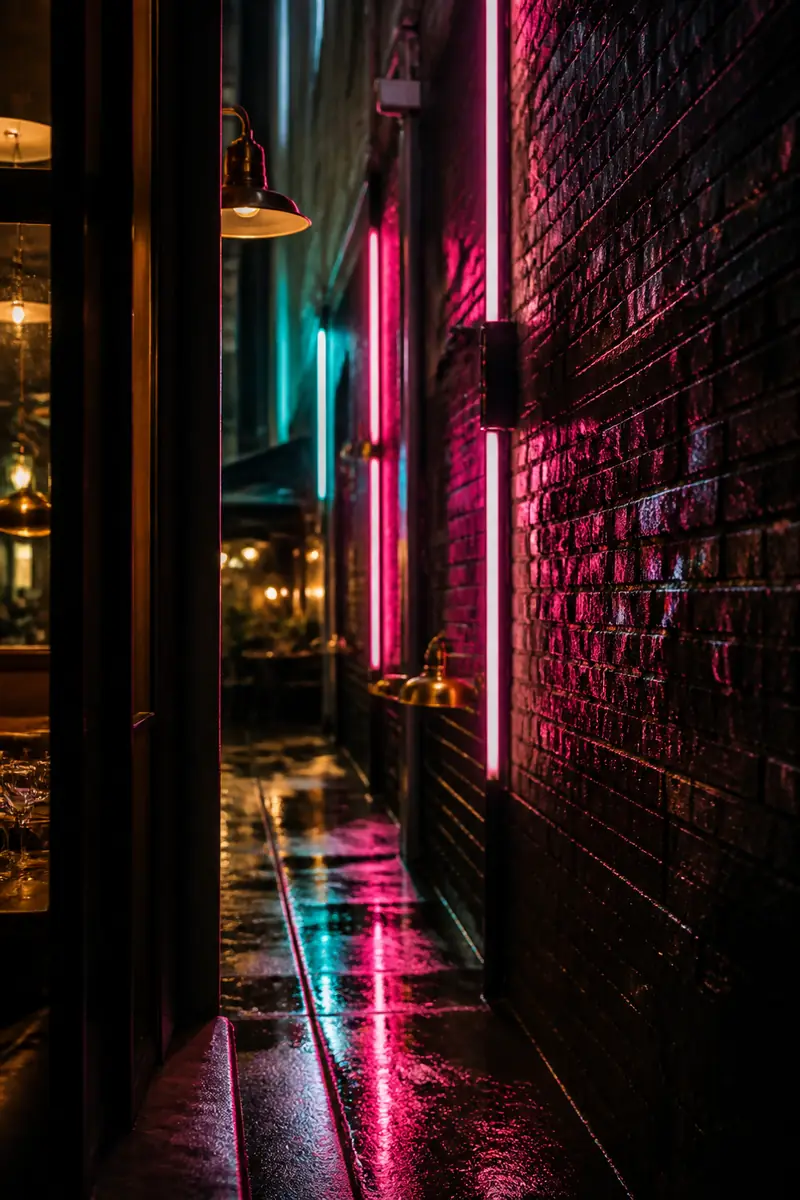 Neon signage glowing down a narrow alley after rain