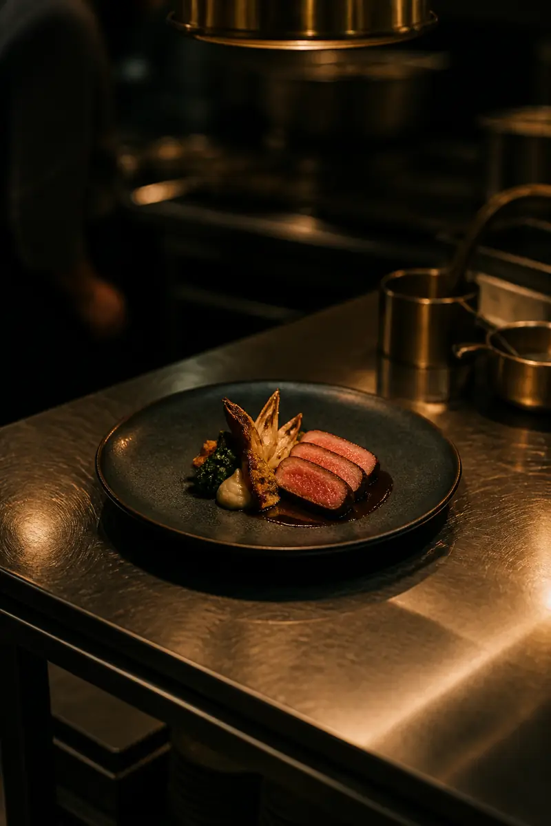 Finished plate resting on the stainless pass under a single warm light