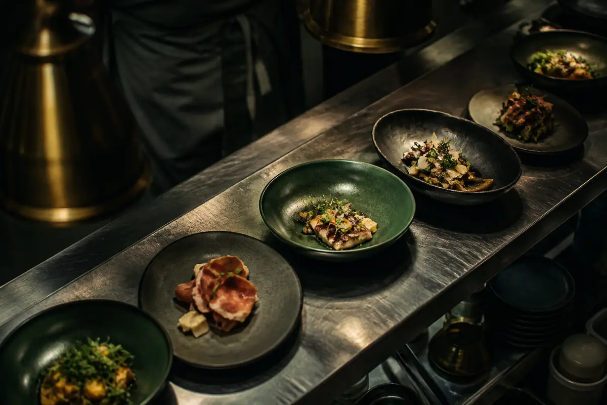 Sharing plates lined up along a steel pass ready for service