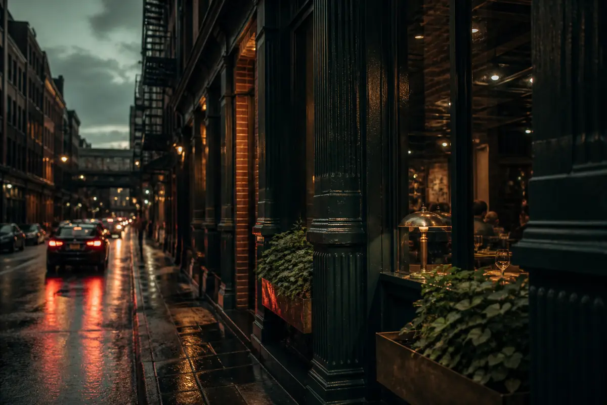 Brick warehouse street at dusk with wet asphalt and red tail lights