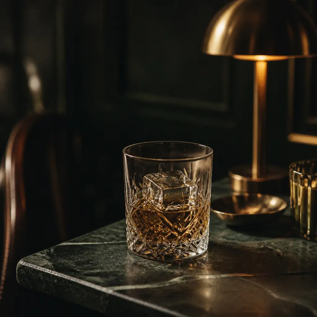 Cut glass of whisky on a stone counter in warm lamp light